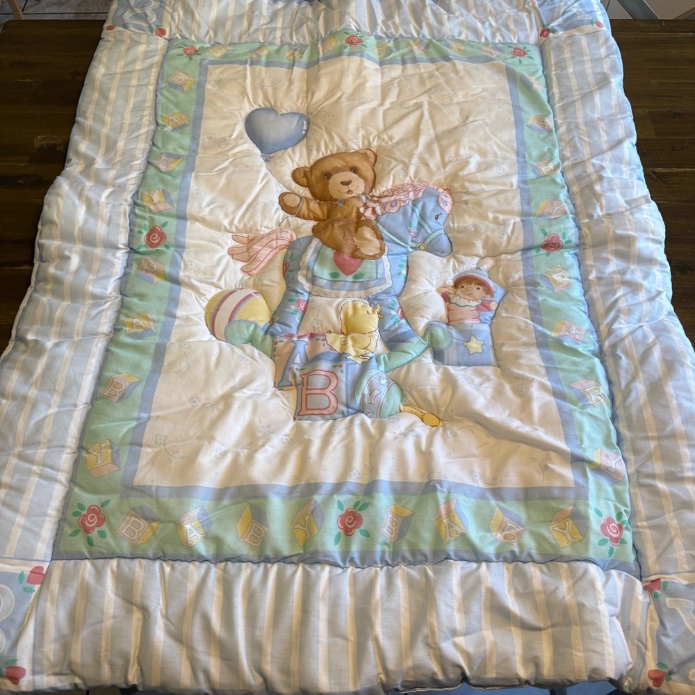 Vintage 1993 Little Bedding Child Quilt Teddy Bear Rocking Horse Blanket Baby